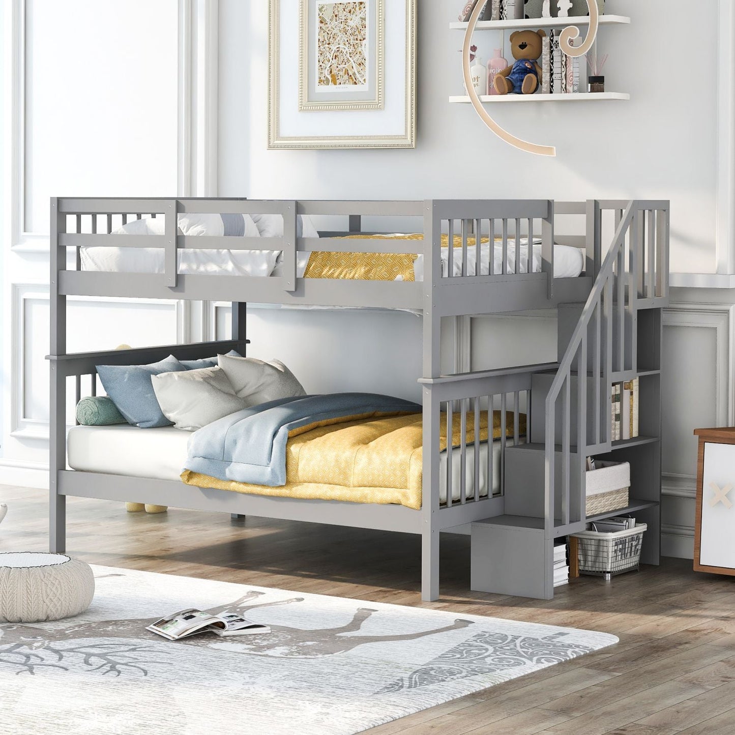 Stairway Full-Over-Full Bunk Bed with Storage and Guard Rail for Bedroom,  Dorm,  Gray