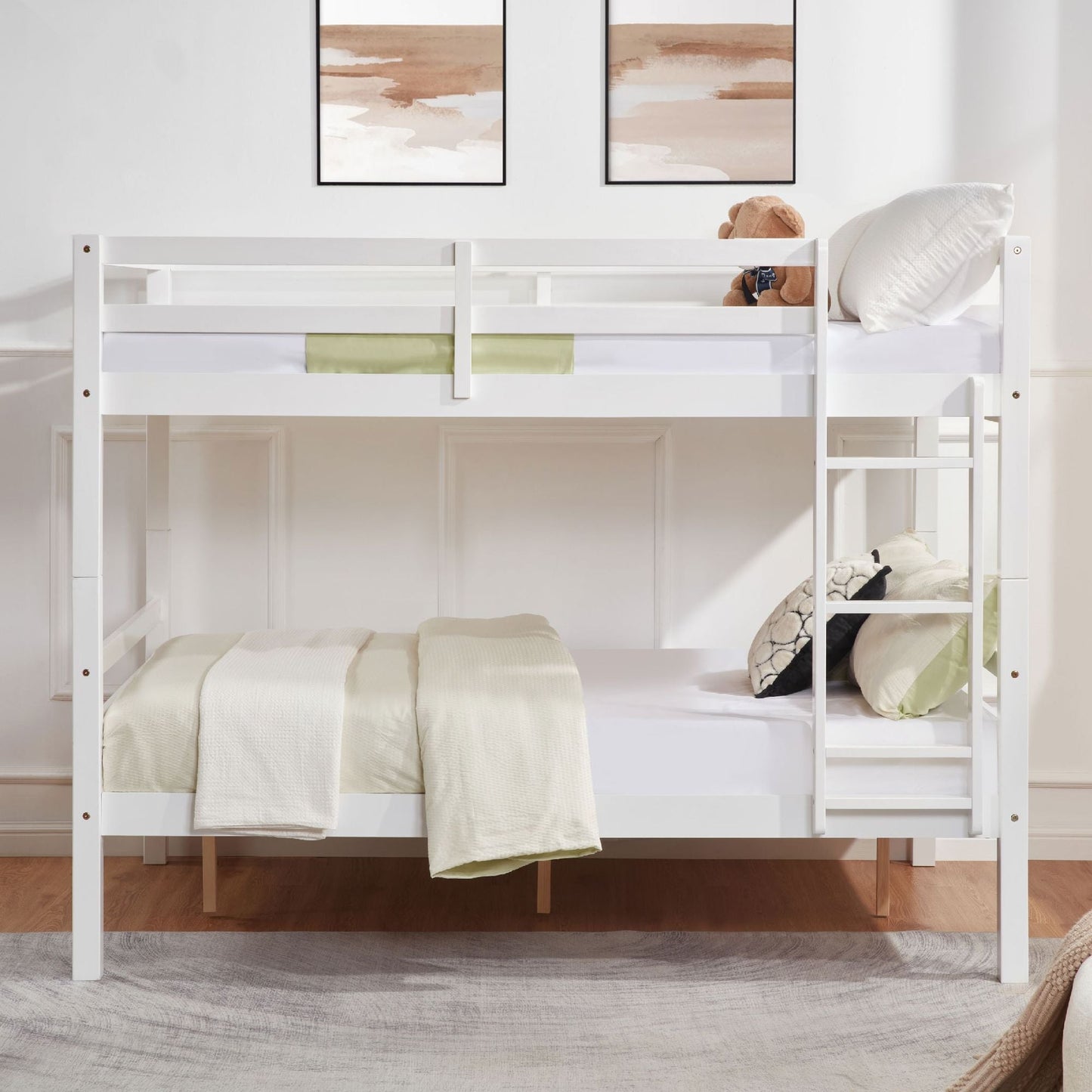 Kids Bedroom Full Over Full Wood Bunk Bed with Thick Posts, High Guardrail, Ladder, White | Just Better Bunk Beds