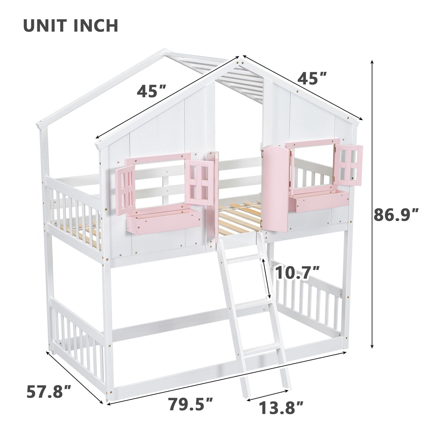 House-Style Twin Over Twin Wood Bunk Bed with Roof, Window, Door, and Ladder, Multiple Colors | Just Better Bunk Beds