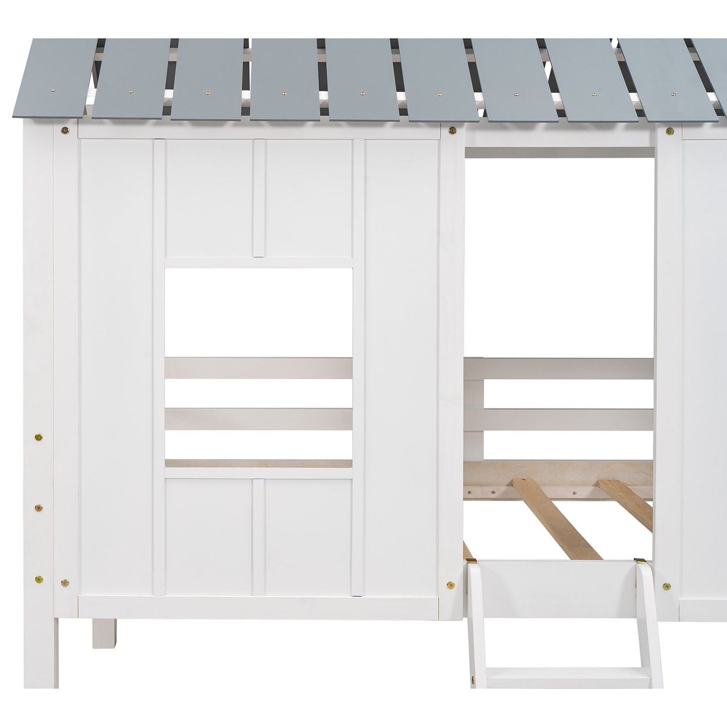 House-Style Twin Low Loft Wood Bed with Roof and Two Front Windows, White | Just Better Bunk Beds