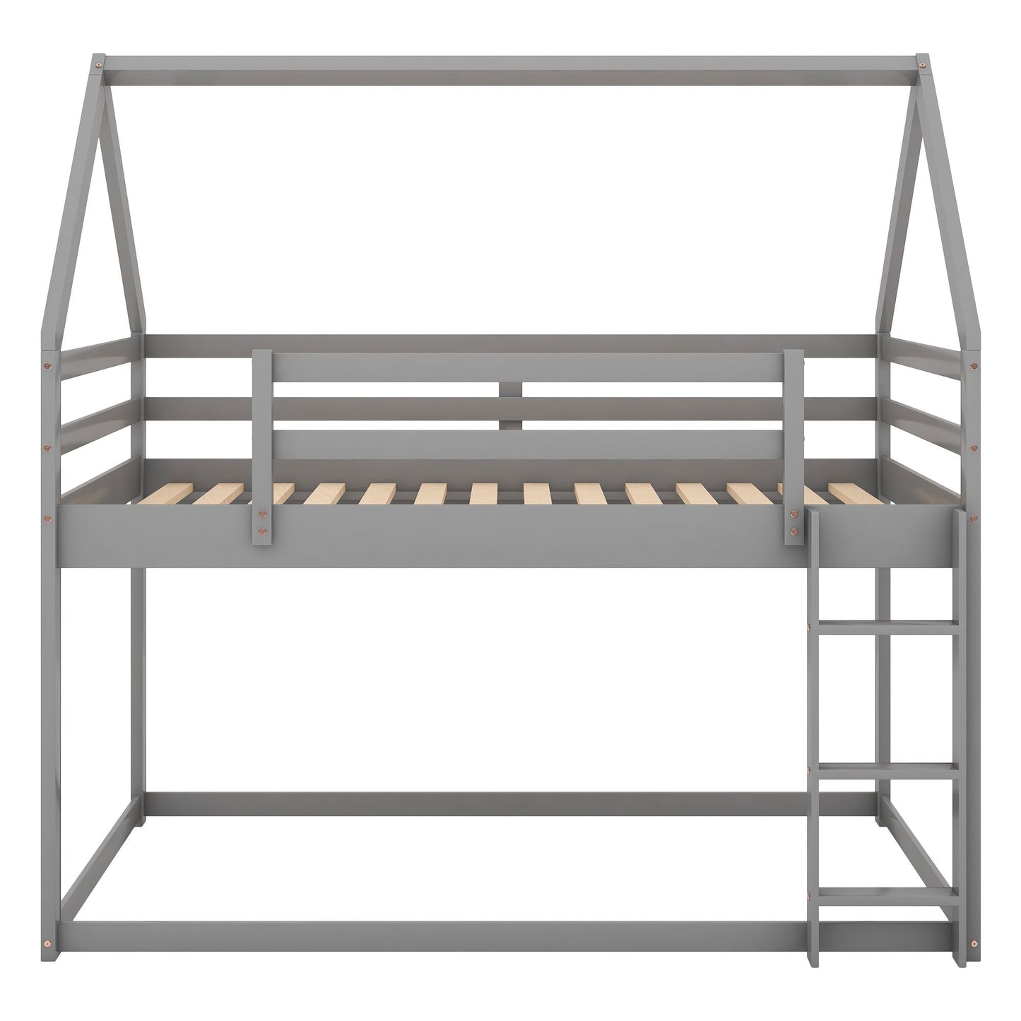 House-Style Twin Over Twin Low Wood Bunk Bed with Ladder, Gray | Just Better Bunk Beds