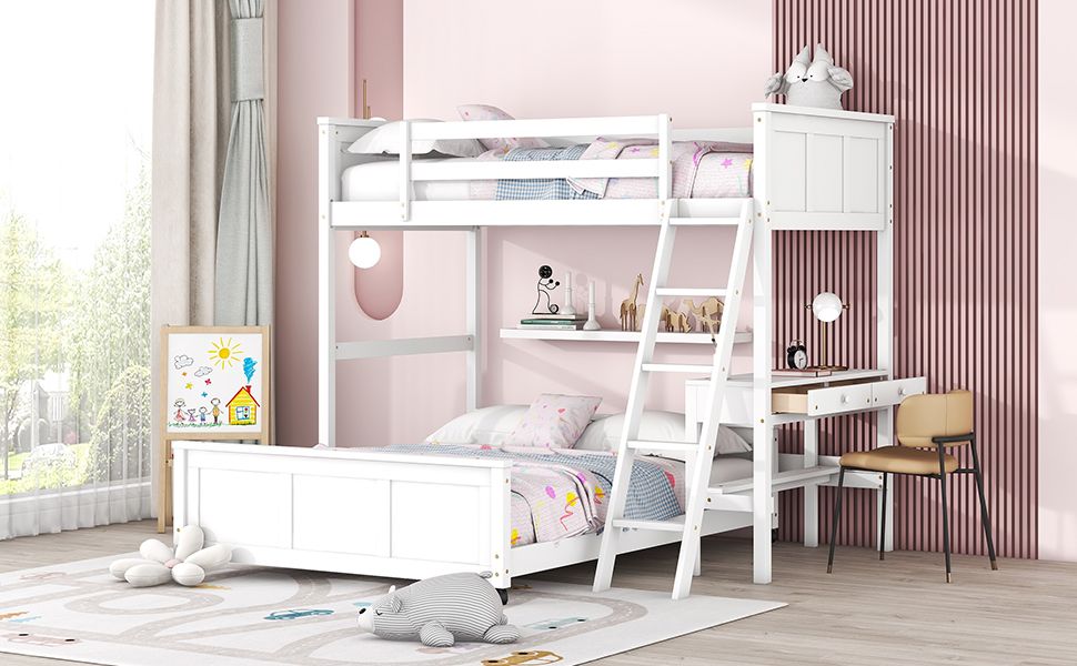 Study Space Twin Over Full Wood Bunk Bed with Desk, White | Just Better Bunk Beds