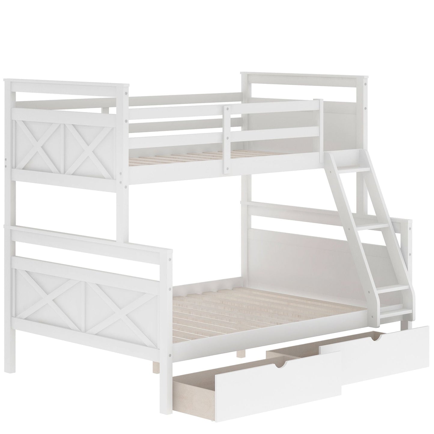 Kids Bedroom Twin Over Full Wood Bunk Bed with Ladder, Two Storage Drawers and Safety Guardrail, White | Just Better Bunk Beds
