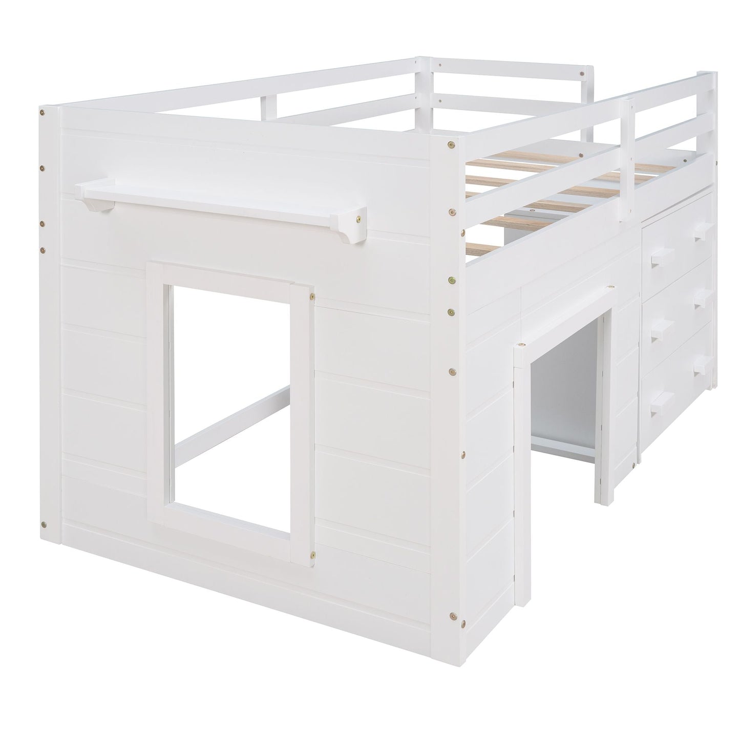 Kids Bedroom Twin Wood Loft Bed with Cabinet and Shelf, White | Just Better Bunk Beds