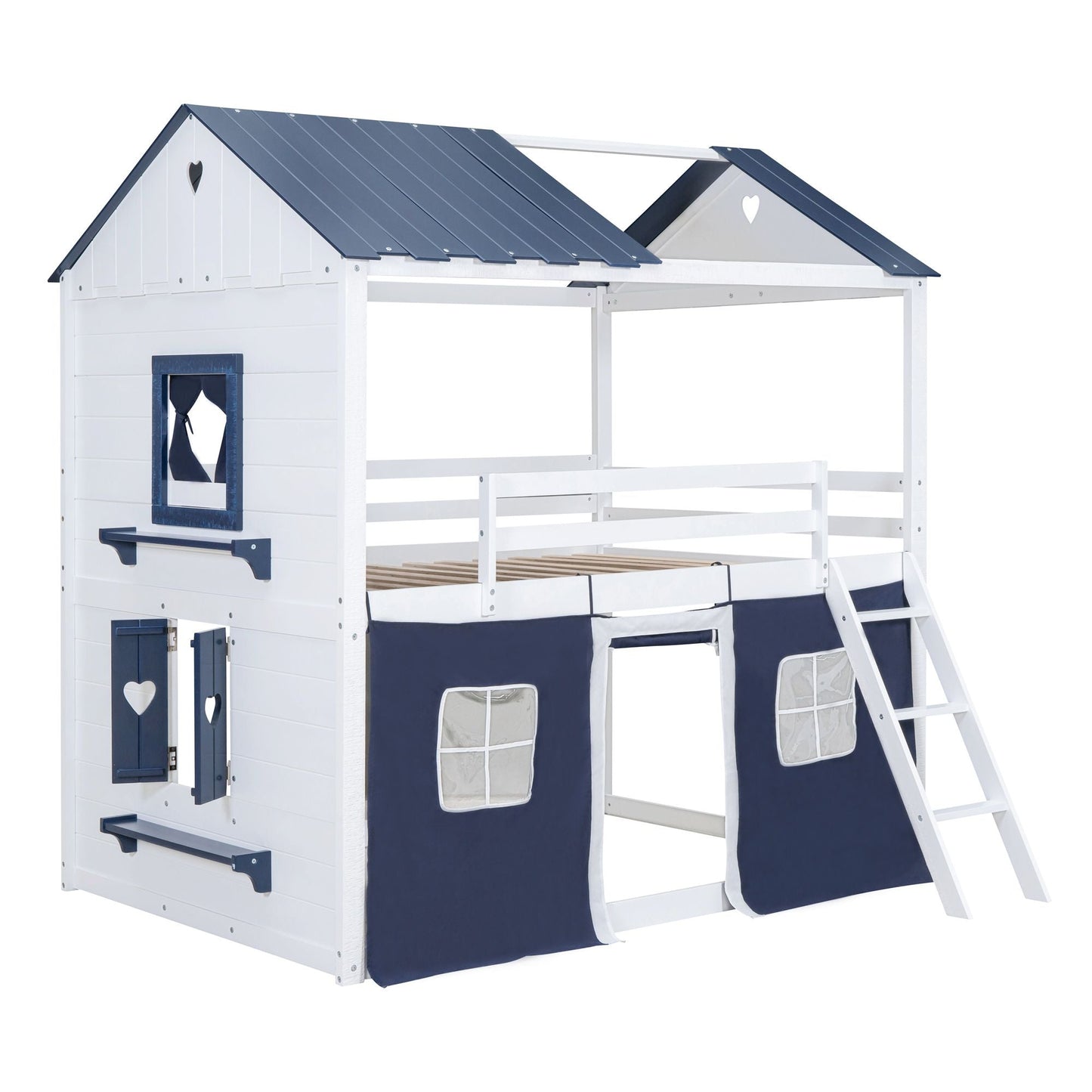 Kids Bedroom Full Wood House-Style Bunk Bed with Windows and Tent, Blue White | Just Better Bunk Beds
