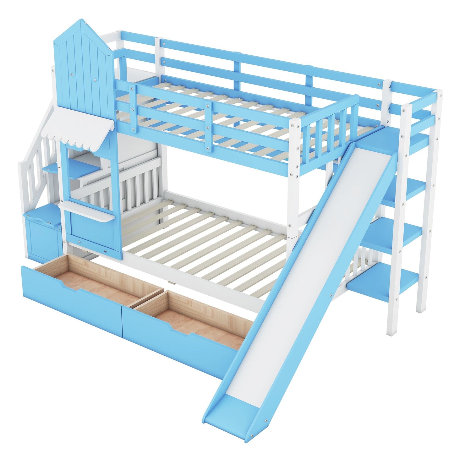 House-Style Twin Over Twin Wood Bunk Bed with 2 Drawers, 3 Shelves, and Slide, Blue | Just Better Bunk Beds