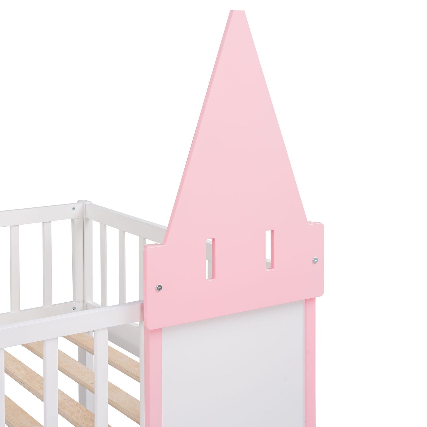 House-Style Twin Over Twin Wood Castle Bunk Bed with Ladder, Pink | Just Better Bunk Beds