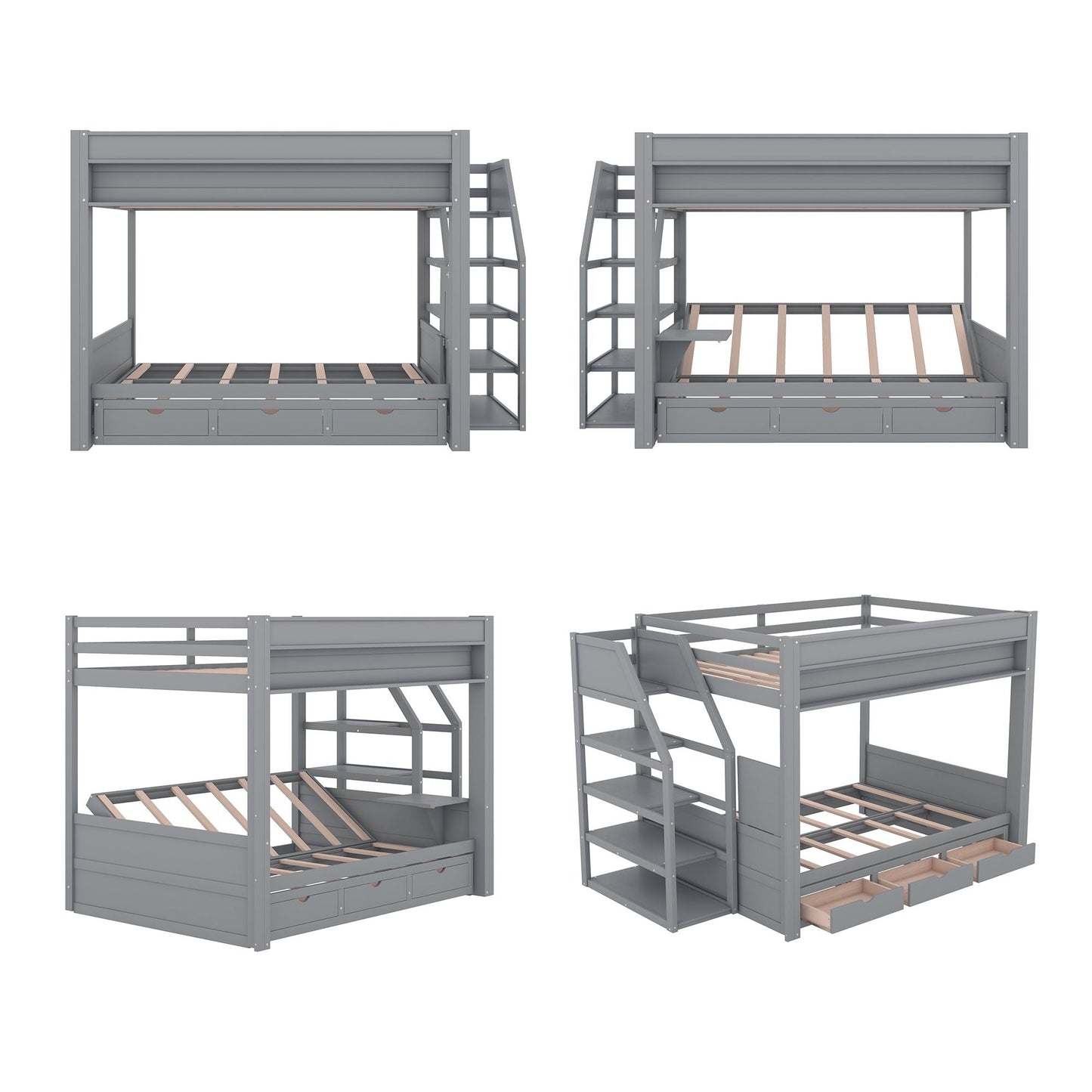 Convertible Full Wood Bunk Bed with Storage Staircase, Bedside Table, 3 Drawers, White | Just Better Bunk Beds