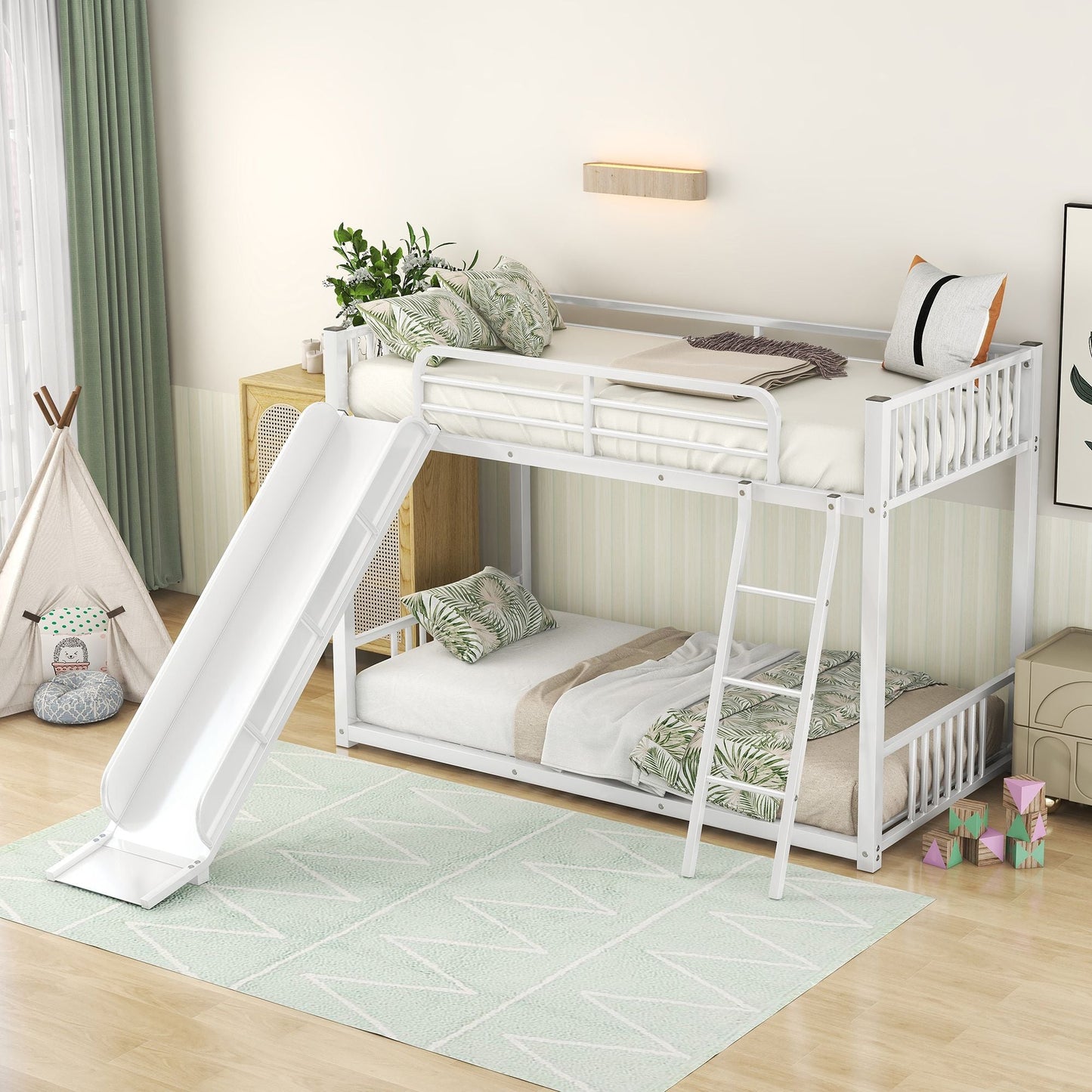 Space-Saving Metal Bunk Bed with Slide Twin Over Twin, White | Just Better Bunk Beds