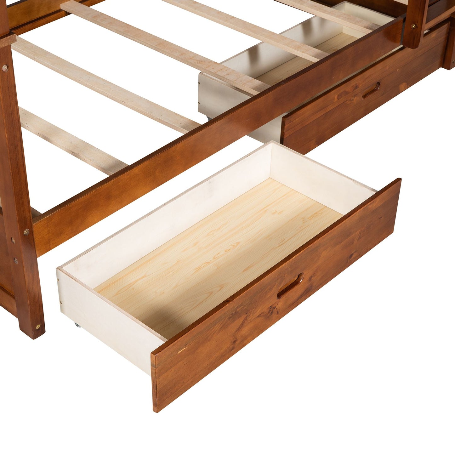 Storage-Enhanced Twin Over Twin Wood Bunk Bed with Ladders, Two Drawers, White | Just Better Bunk Beds