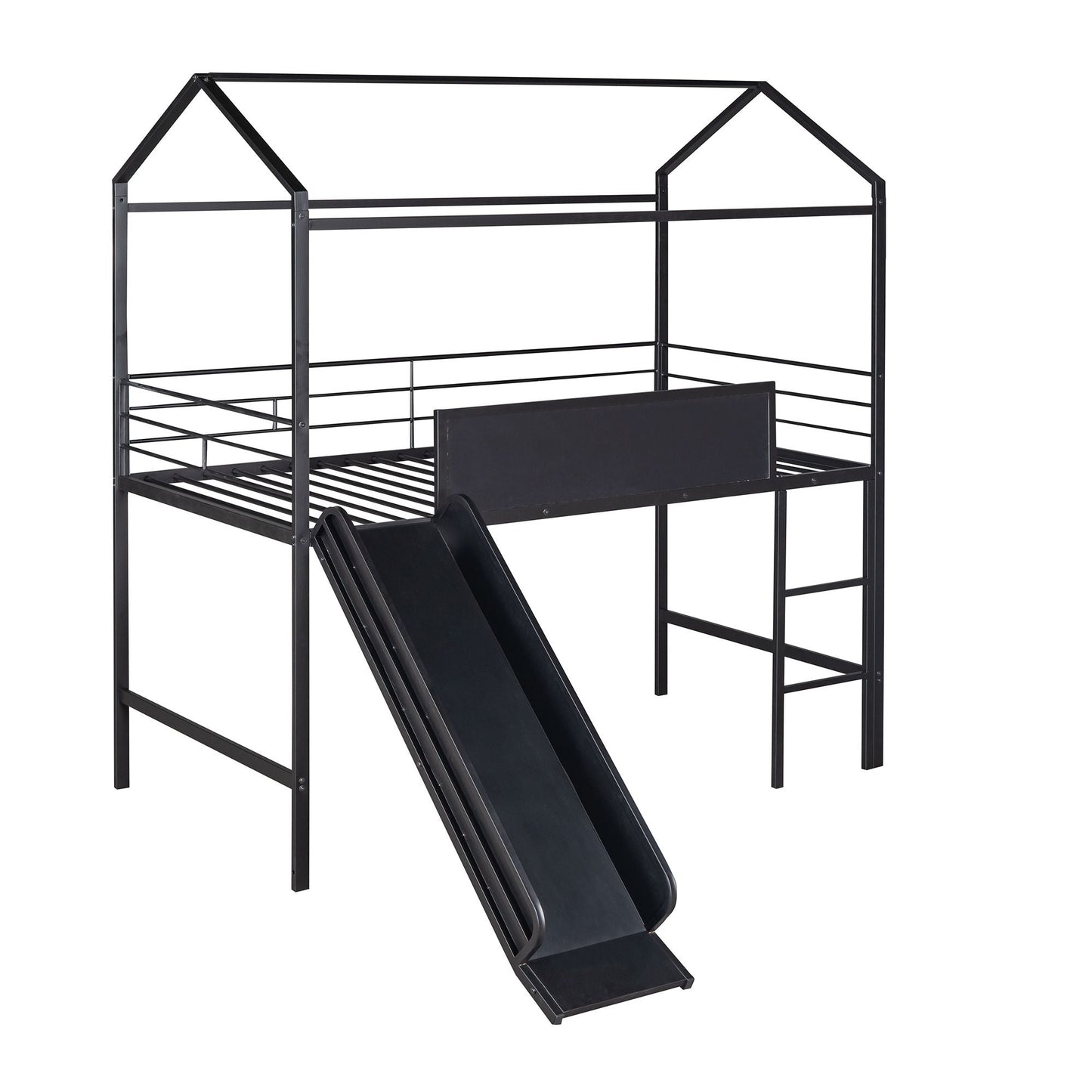 Metal House Bed With Slide,  Twin Size Metal Loft Bed with Two-sided writable Wooden Board (Black )