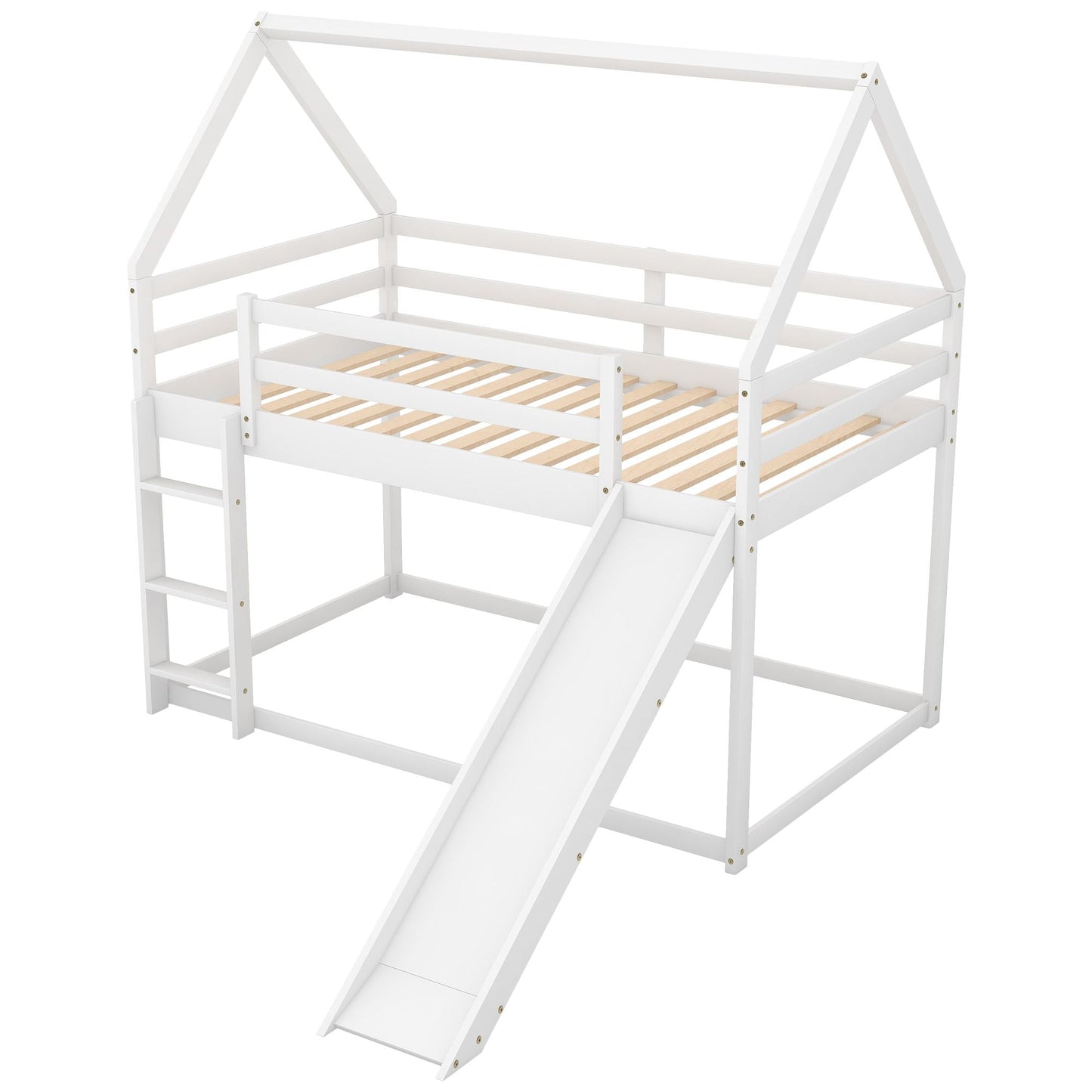 Kids Bedroom Twin Wood Bunk House Bed with Slide and Ladder, White | Just Better Bunk Beds
