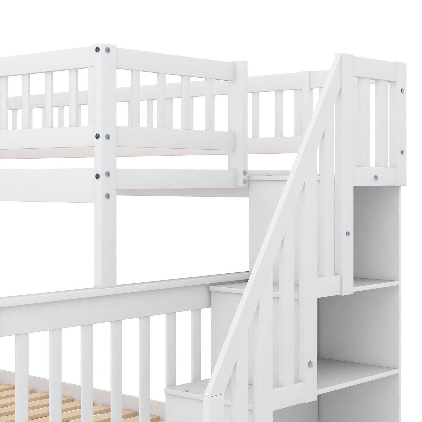 Twin over Full Stairway Bunk Bed with storage,  White