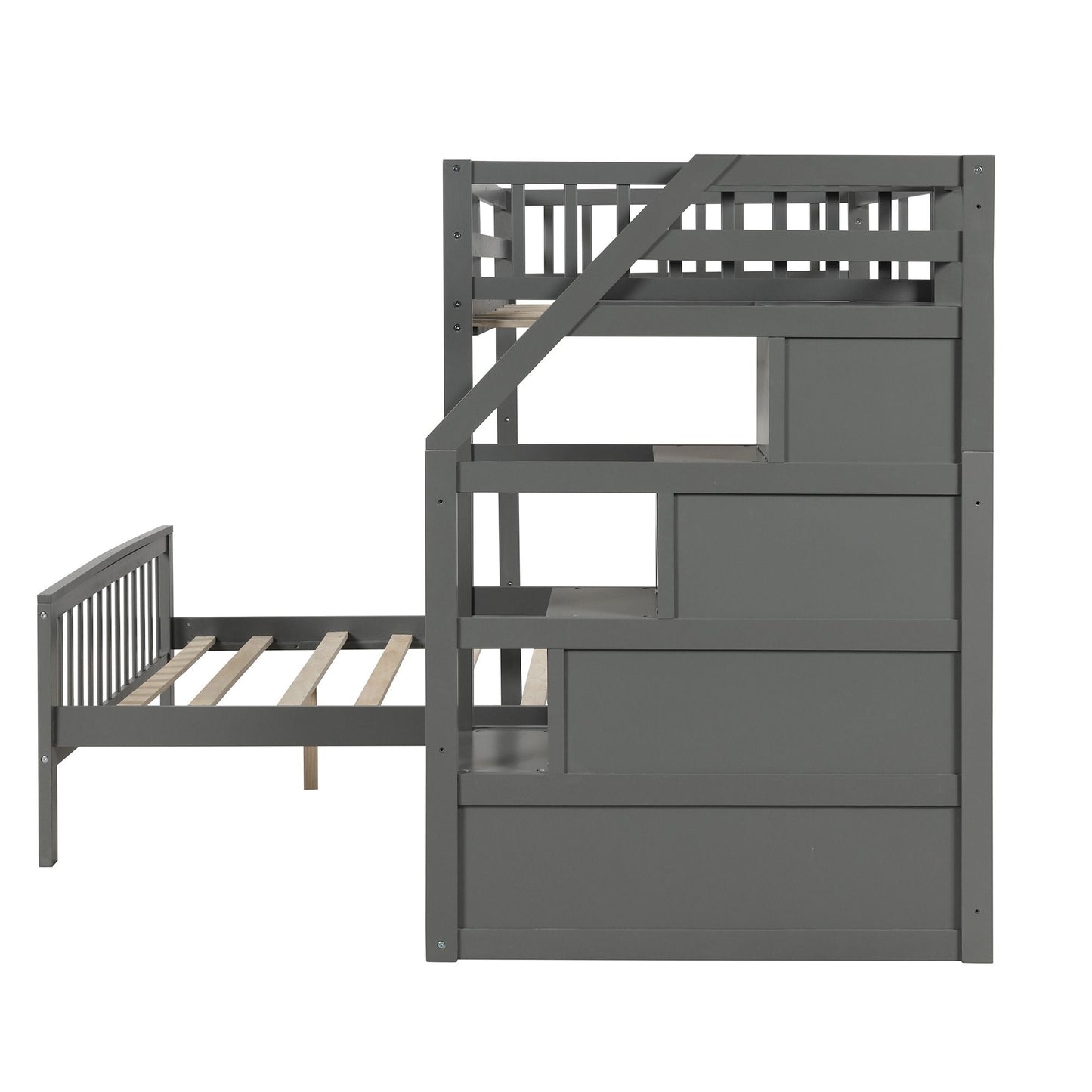 Space-Saving Twin Over Full Wood Loft Bed with Staircase, Gray | Just Better Bunk Beds