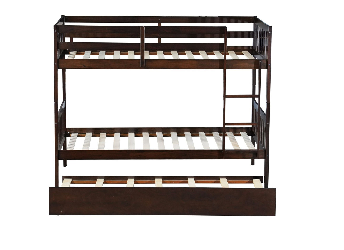Convertible Twin Over Twin Rubber Wood Bunk Bed with Trundle, Ladder and Safety Guardrails, Espresso | Just Better Bunk Beds