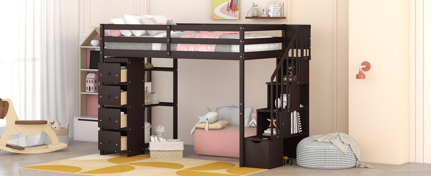 Kids Bedroom Twin Wood Loft Bed with Storage Drawers and Stairs, Espresso | Just Better Bunk Beds