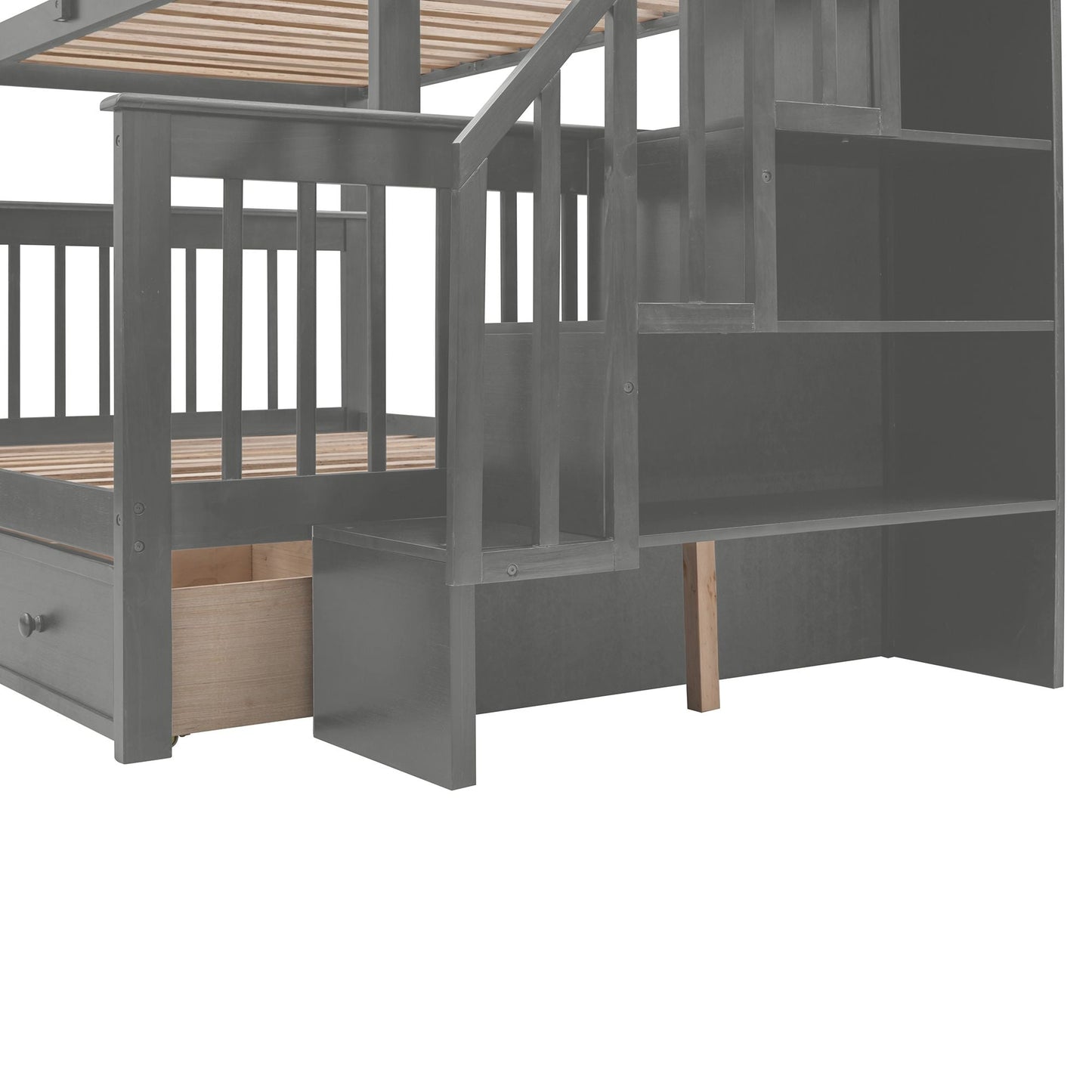 Staircase Storage Twin Over Full Wood Bunk Bed with Drawer, Storage, and Guard Rail, Gray | Just Better Bunk Beds