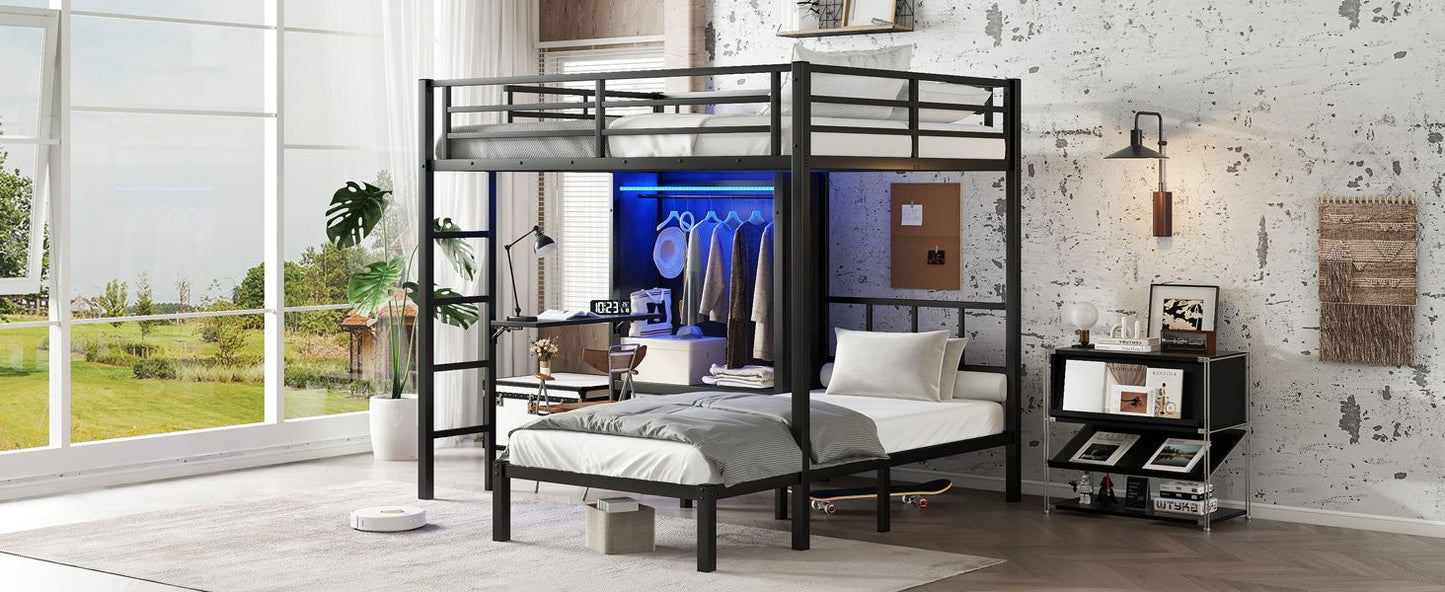 Space-Saving Full XL Over Twin Metal Bunk Bed with Folding Desk and LED Closet, Black | Just Better Bunk Beds
