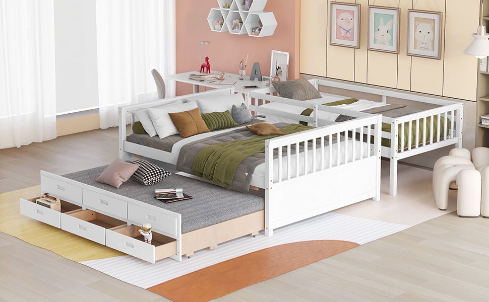Shared Room Solution Twin Over Full Wood Bunk Bed with Twin Trundle and Drawers, White | Just Better Bunk Beds