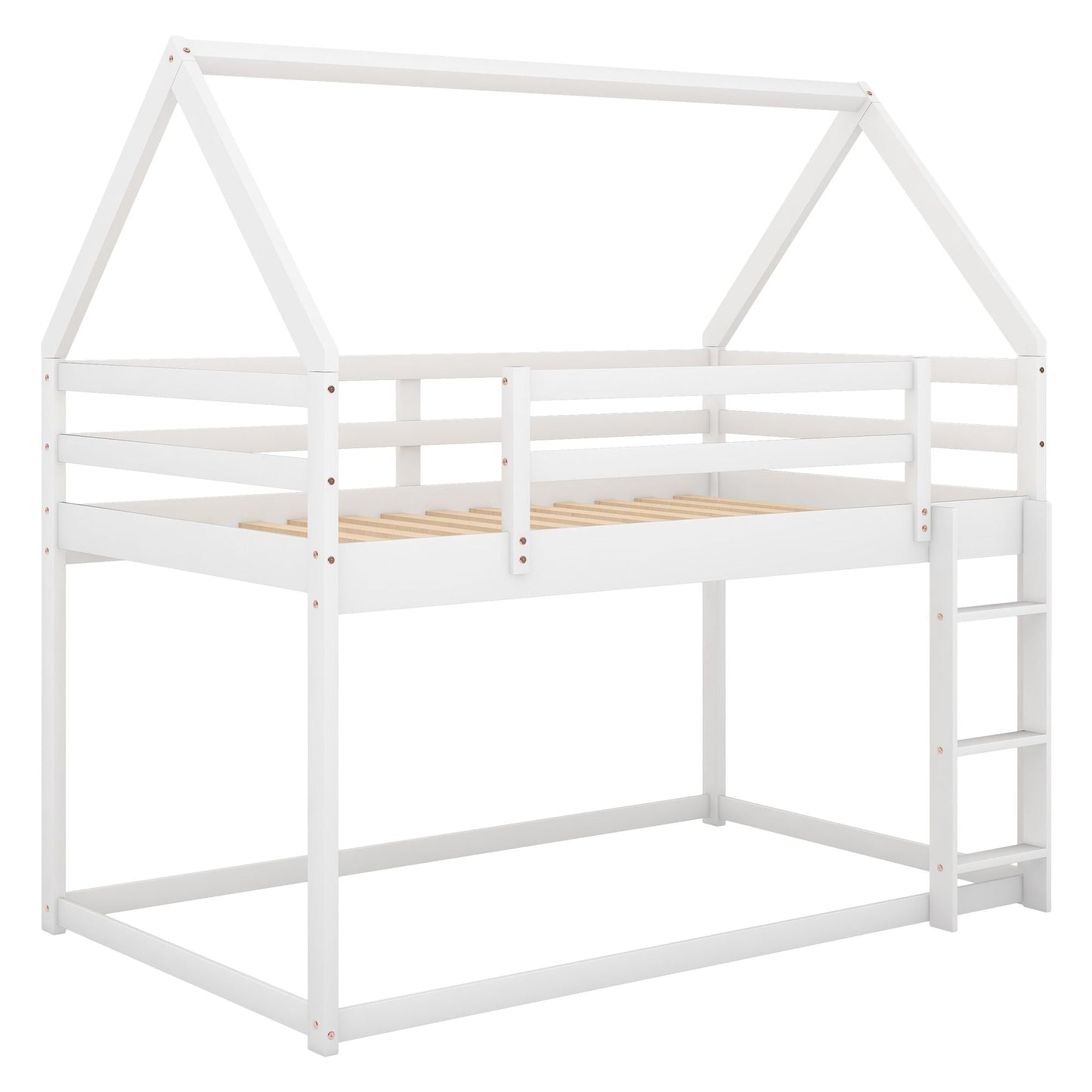 House-Style Low Twin Over Twin Wood Bunk Bed with Ladder, White | Just Better Bunk Beds