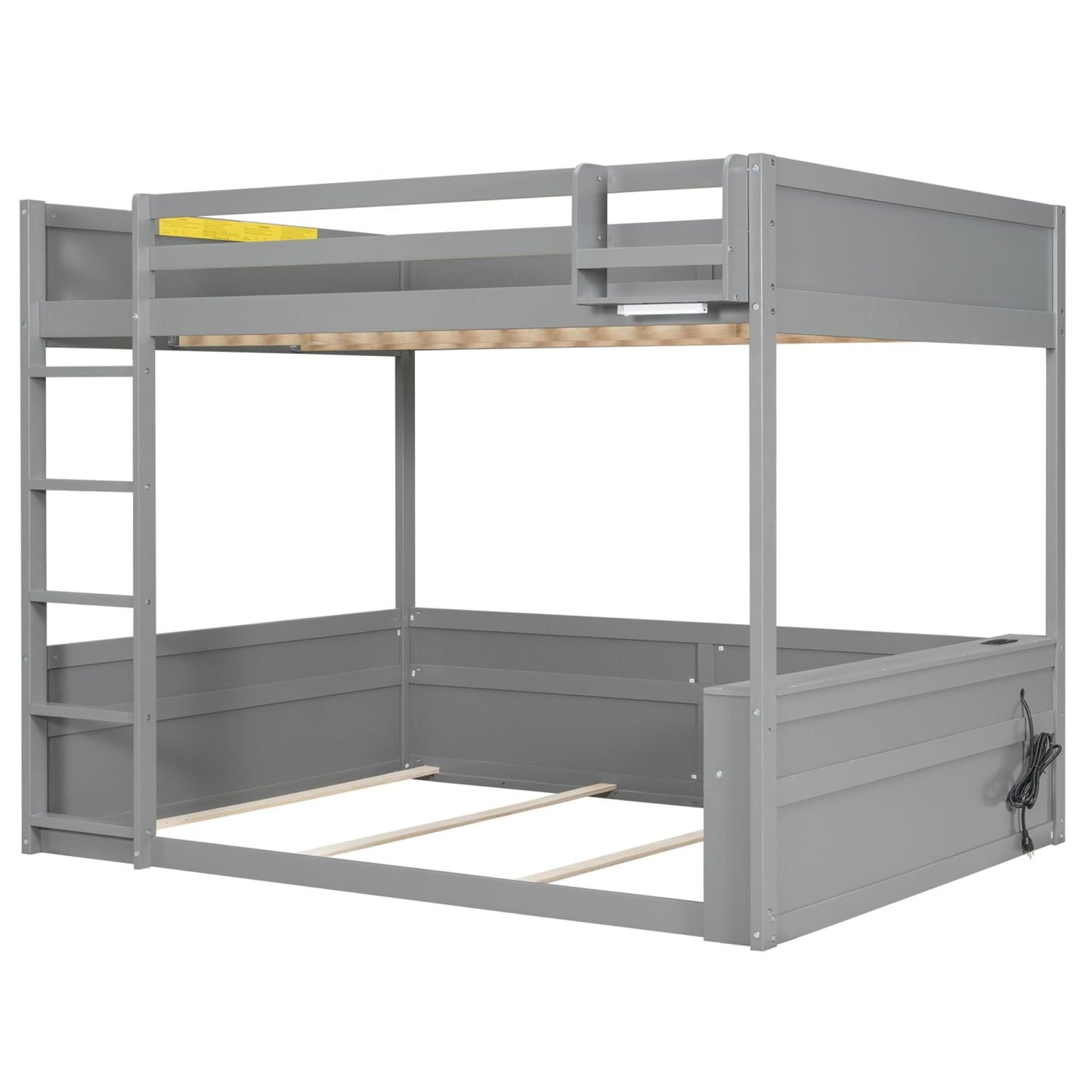 Kids Bedroom Queen Wood Bunk Bed with Built-in Shelves, Storage Box, LED Light, USB Charging, Gray | Just Better Bunk Beds