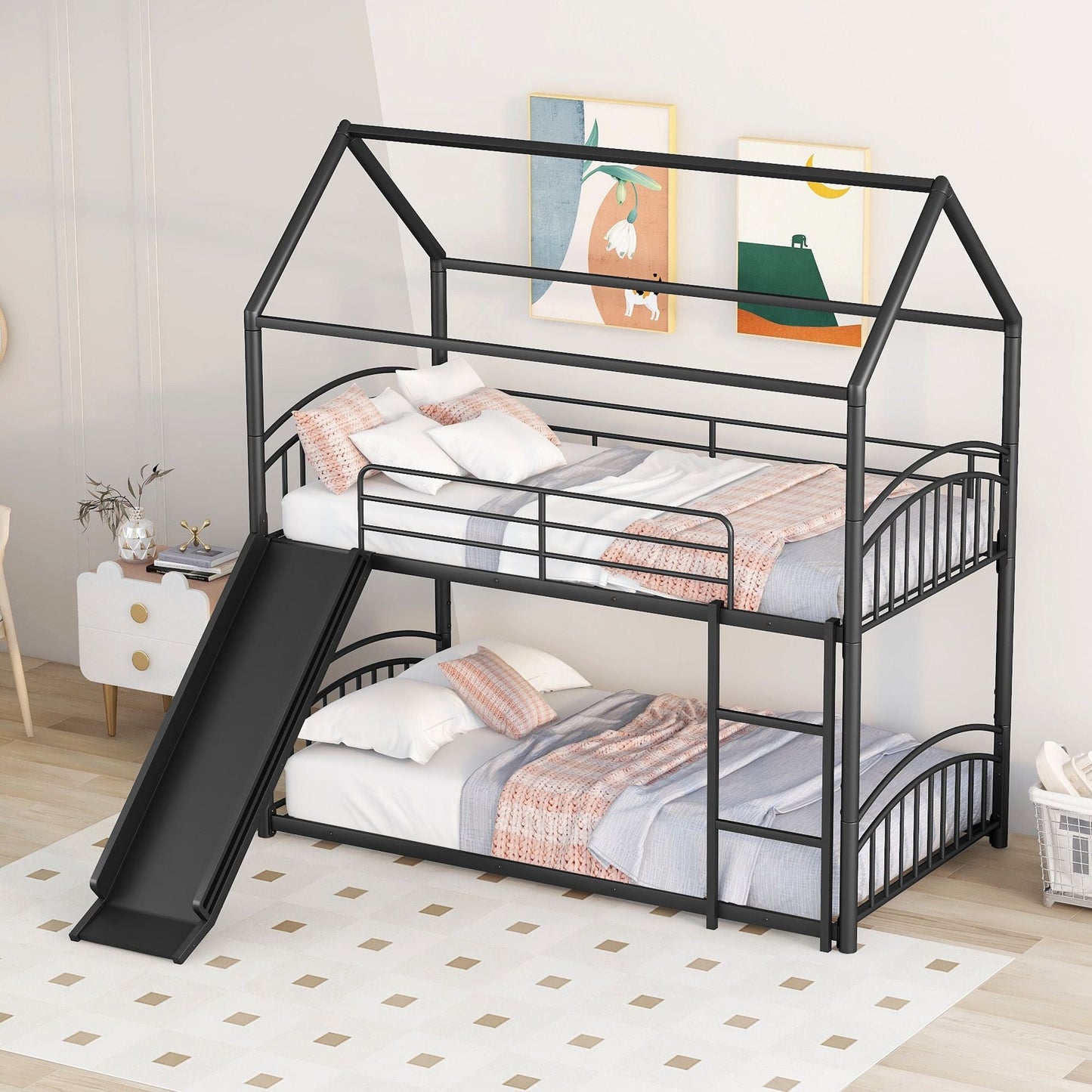 Kids Bedroom Twin Over Twin Metal Bunk Bed with Slide, Black | Just Better Bunk Beds