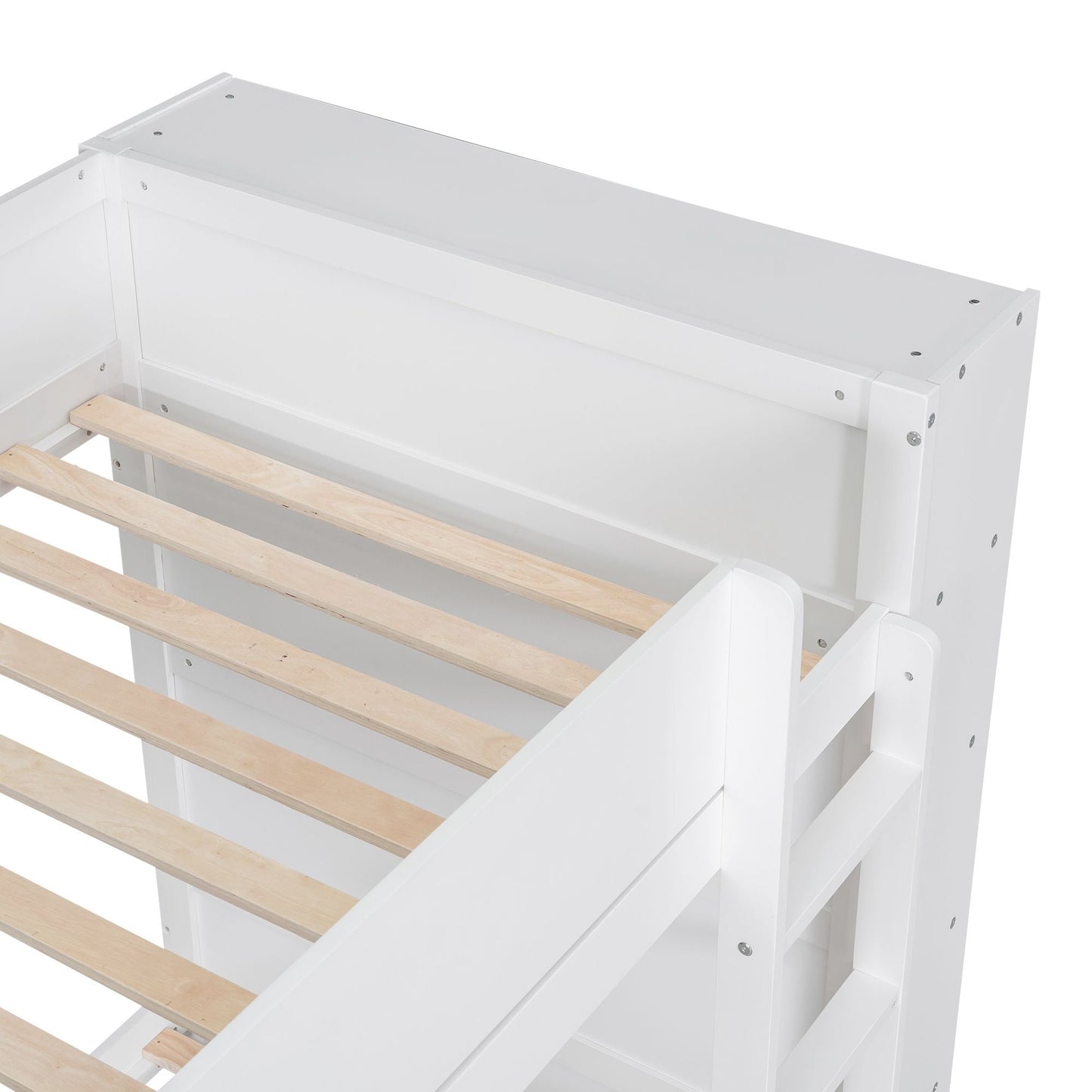 Storage Twin Over Twin Wood Bunk Bed with 2 Drawers and Multi-Layer Cabinet, White | Just Better Bunk Beds