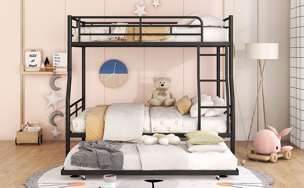 Space-Saving Full XL Over Queen Metal Bunk Bed with Trundle, Black | Just Better Bunk Beds