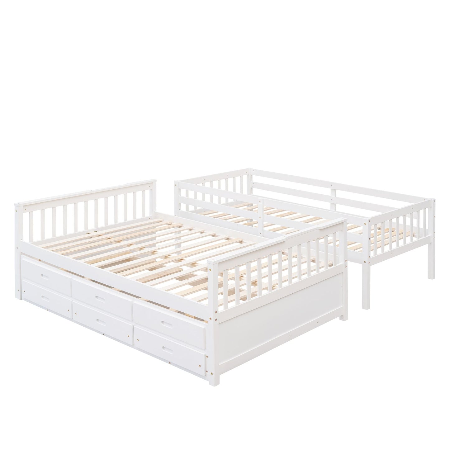 Separable Twin Over Full Wood Bunk Bed with Twin Trundle and Drawers, White | Just Better Bunk Beds