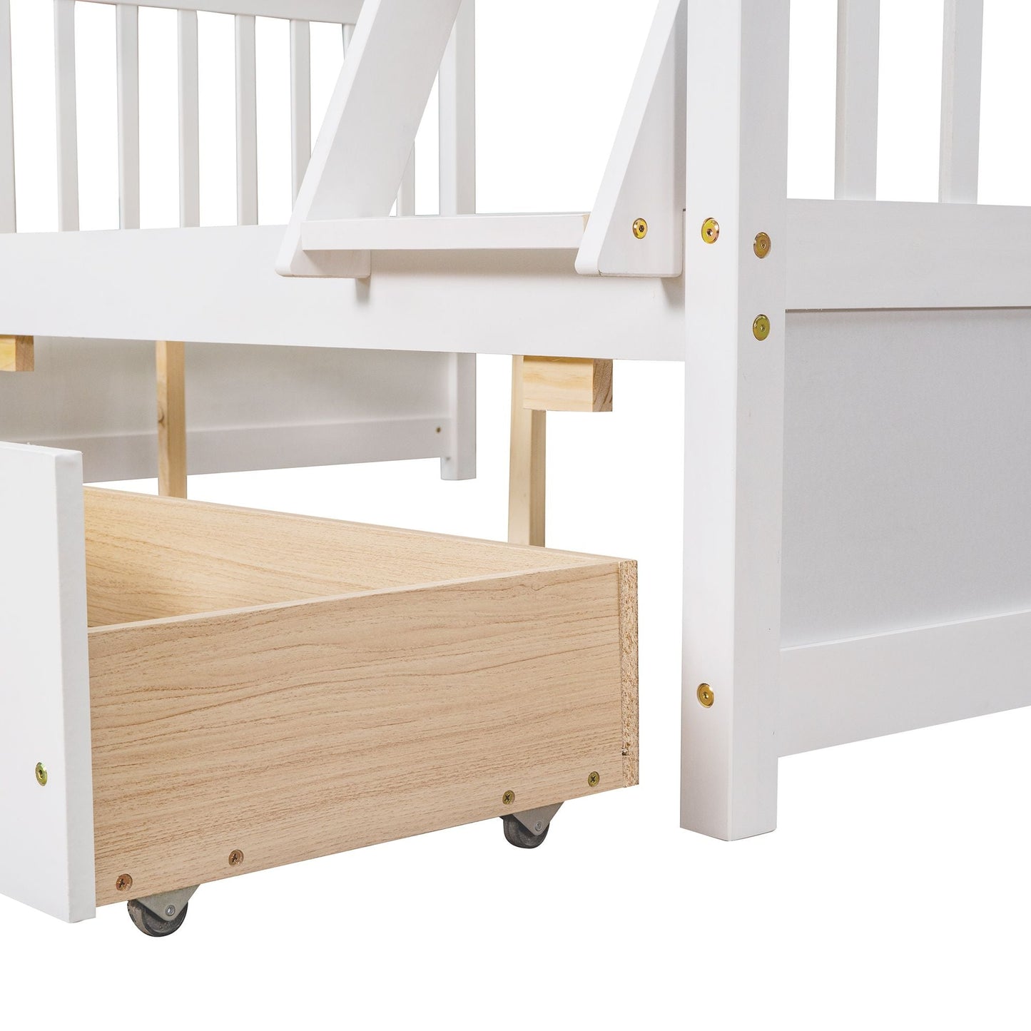 Heavy-Duty Twin Over Full Wood Bunk Bed with Ladders and Two Storage Drawers, White | Just Better Bunk Beds