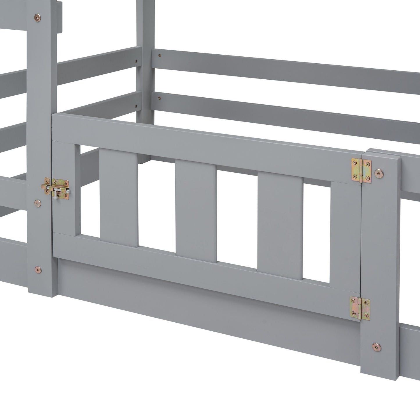 Kids Bedroom Twin Over Twin Wood House Bunk Bed with Fence and Door, Gray | Just Better Bunk Beds