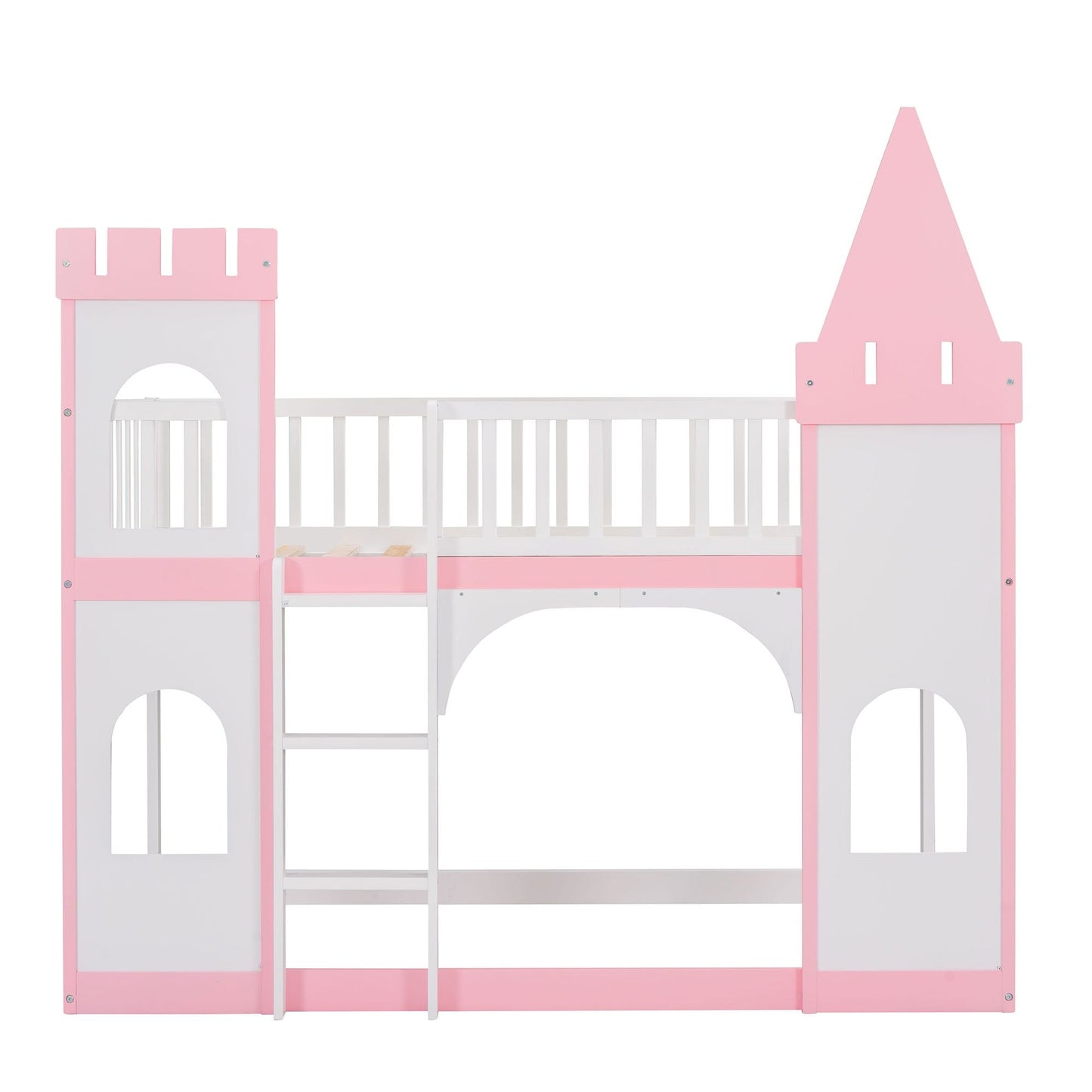 House-Style Twin Over Twin Wood Castle Bunk Bed with Ladder, Pink | Just Better Bunk Beds