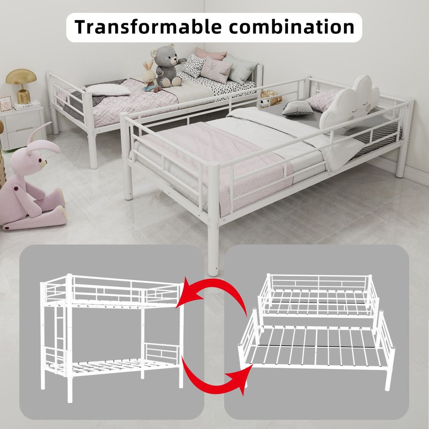 Convertible Twin Over Twin Metal Bunk Bed with Ladder and Guardrail, Metal | Just Better Bunk Beds