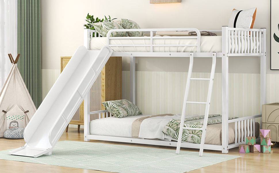 Space-Saving Metal Bunk Bed with Slide Twin Over Twin, White | Just Better Bunk Beds