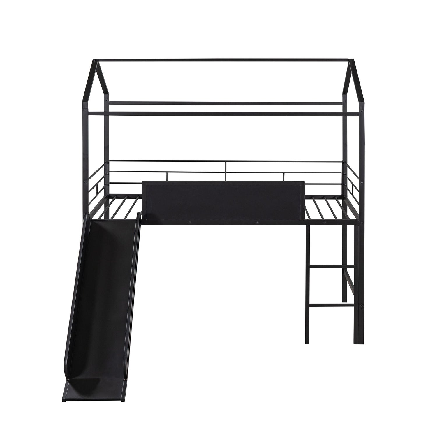Metal House Bed With Slide,  Twin Size Metal Loft Bed with Two-sided writable Wooden Board (Black )