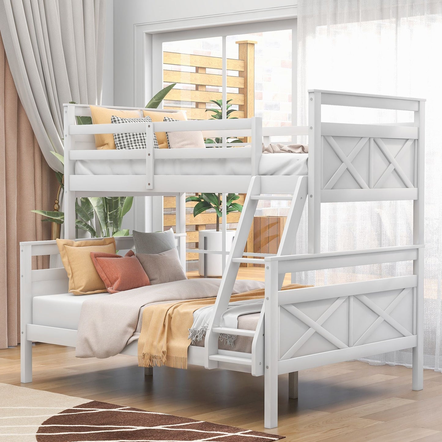 Kids Bedroom Twin Over Full Wood Bunk Bed with Ladder and Safety Guardrail, Gray | Just Better Bunk Beds