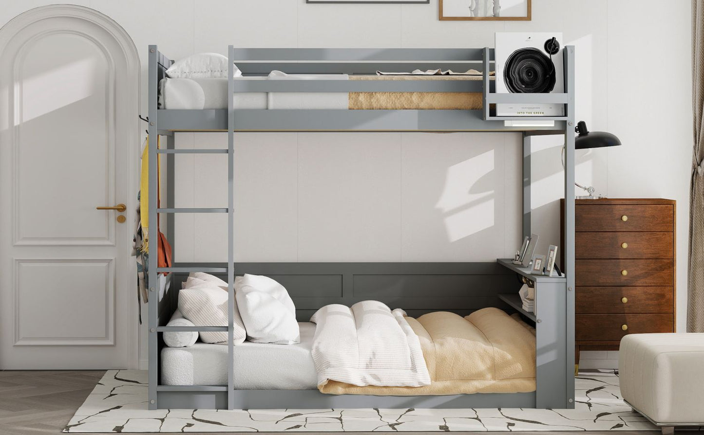 Kids Bedroom Queen Wood Bunk Bed with Built-in Shelves, Storage Box, LED Light, USB Charging, Gray | Just Better Bunk Beds