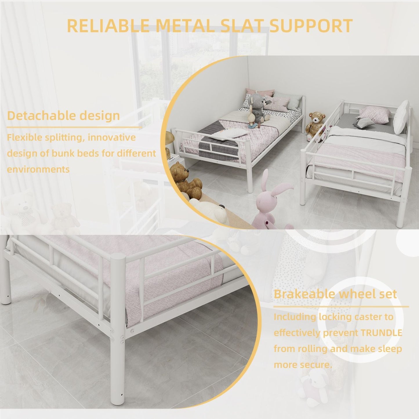 Convertible Twin Over Twin Metal Bunk Bed with Ladder and Guardrail, Metal | Just Better Bunk Beds