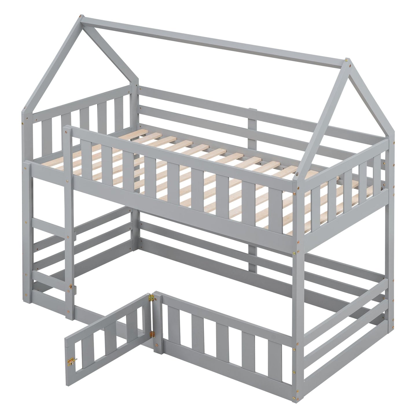Kids Bedroom Twin Over Twin Wood House Bunk Bed with Fence and Door, Gray | Just Better Bunk Beds