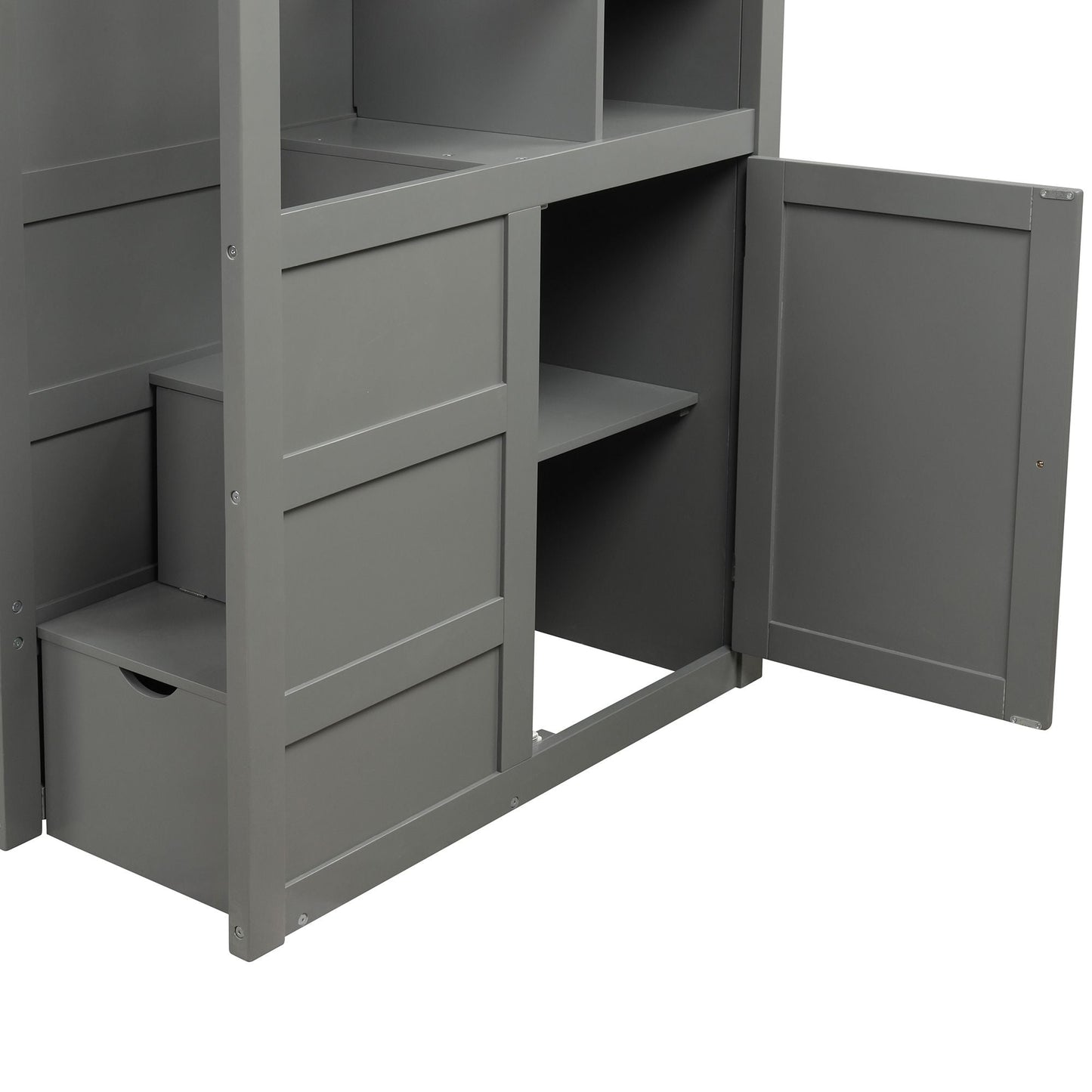 Convertible Twin Over Full/Twin Wood Bunk Bed with Storage Shelves and Drawers, Gray | Just Better Bunk Beds
