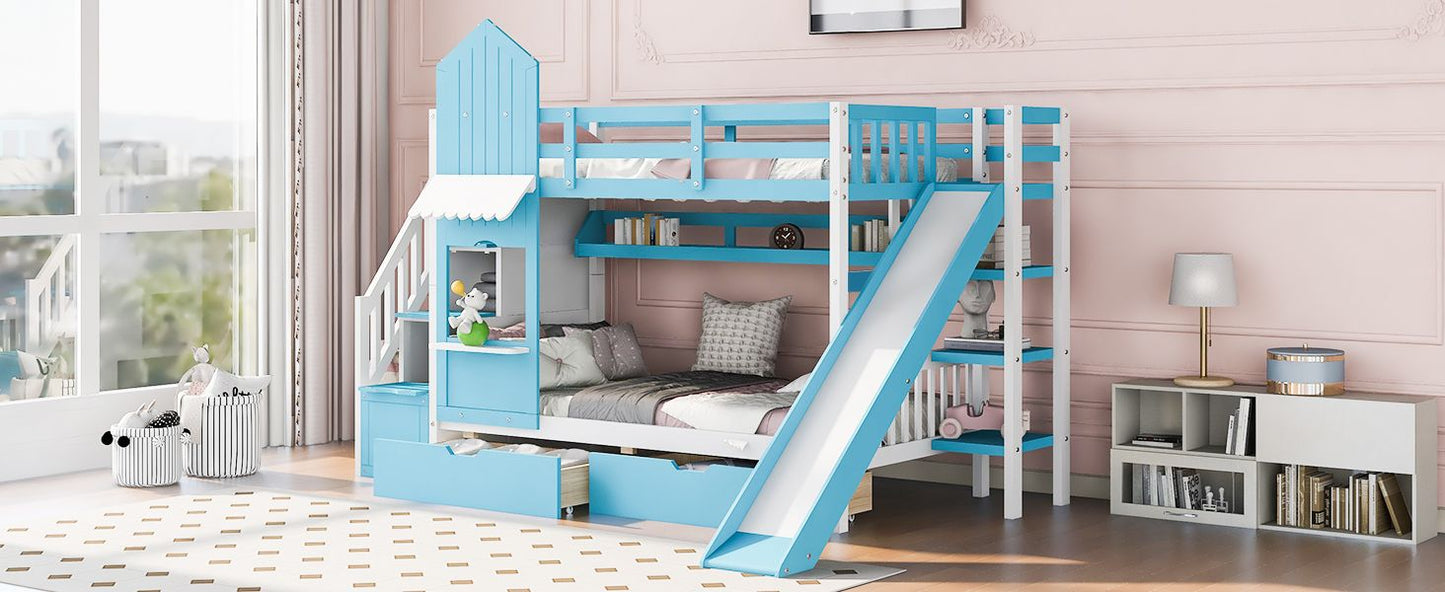 House-Style Twin Over Twin Wood Bunk Bed with 2 Drawers, 3 Shelves, and Slide, Blue | Just Better Bunk Beds