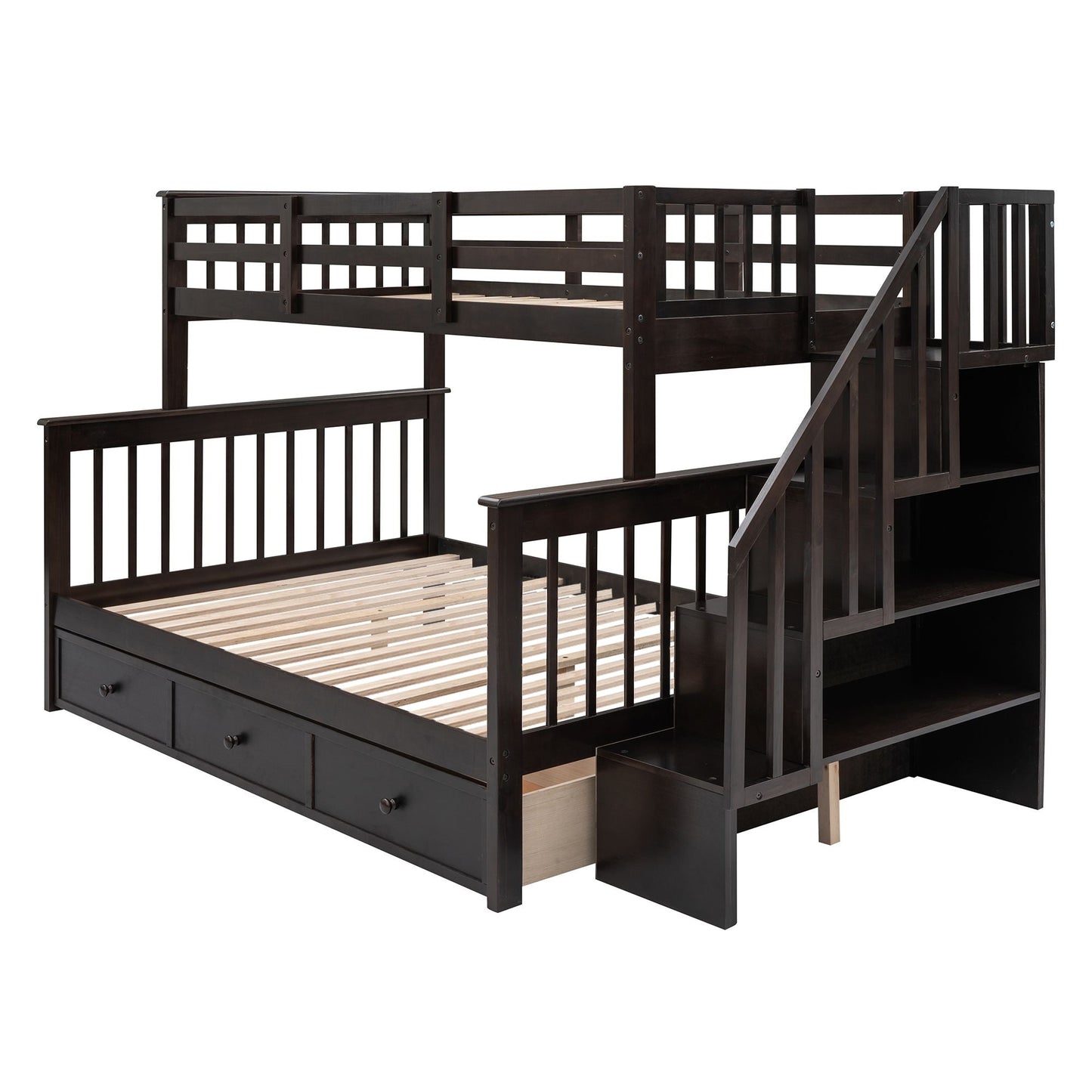 Staircase Storage Twin Over Full Wood Bunk Bed with Drawer and Guard Rail, Espresso, Gray, White | Just Better Bunk Beds