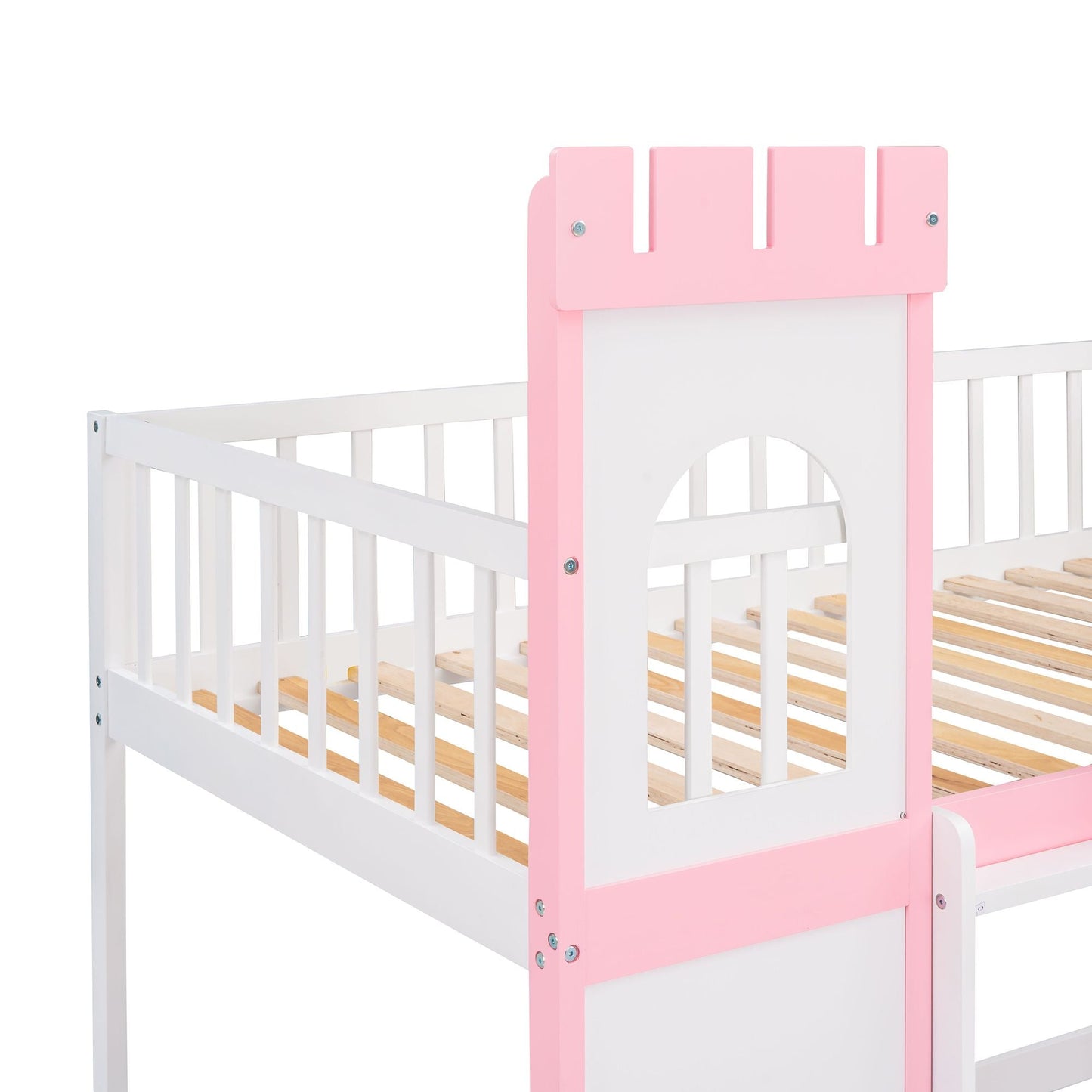 House-Style Twin Over Twin Wood Castle Bunk Bed with Ladder, Pink | Just Better Bunk Beds