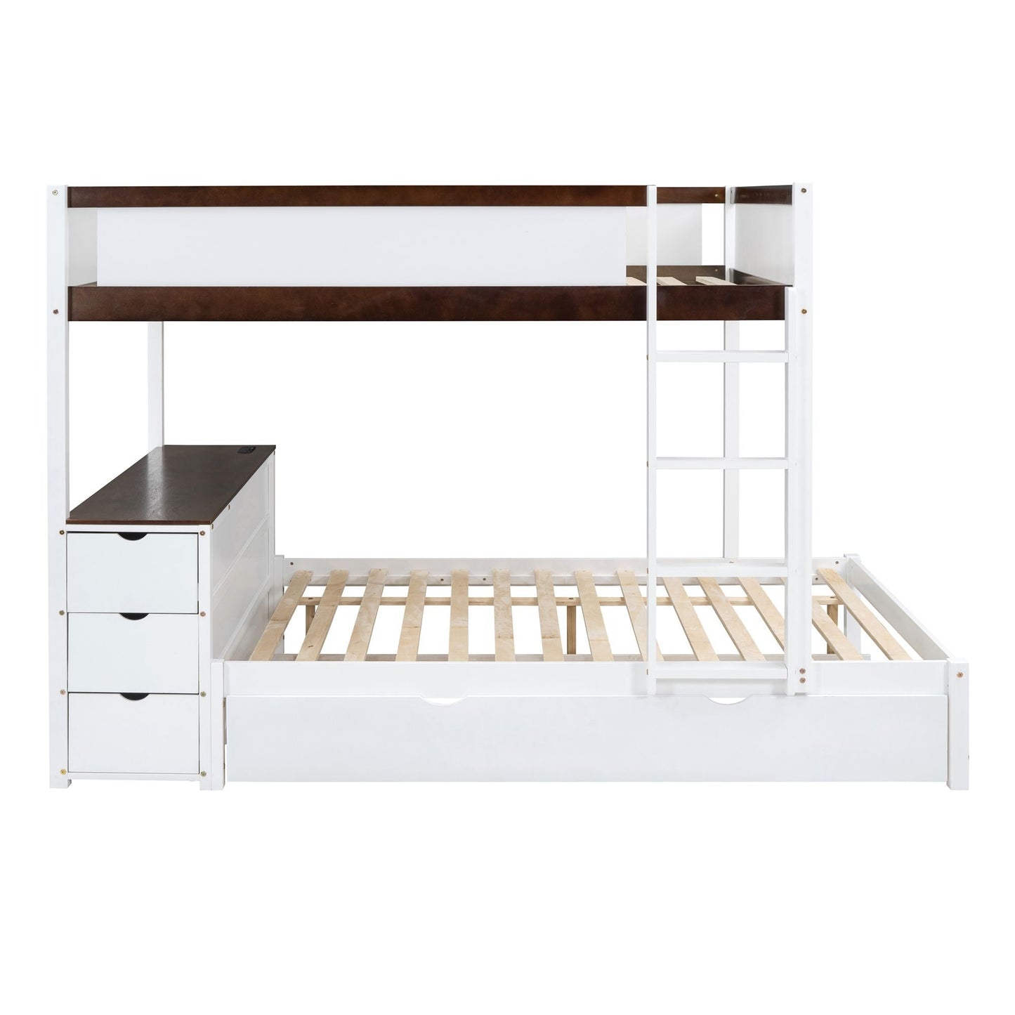 Shared Room Solution Full Over Full Wood Bunk Bed with Twin Trundle, Storage, Desk, White Walnut | Just Better Bunk Beds