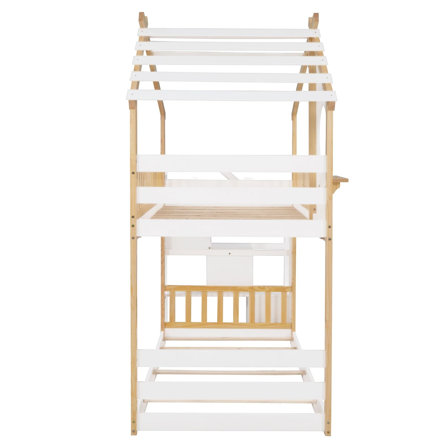 Staircase Storage Twin Over Twin Wood Bunk Bed with House Style, Storage, and Guard Rail, Natural and White | Just Better Bunk Beds