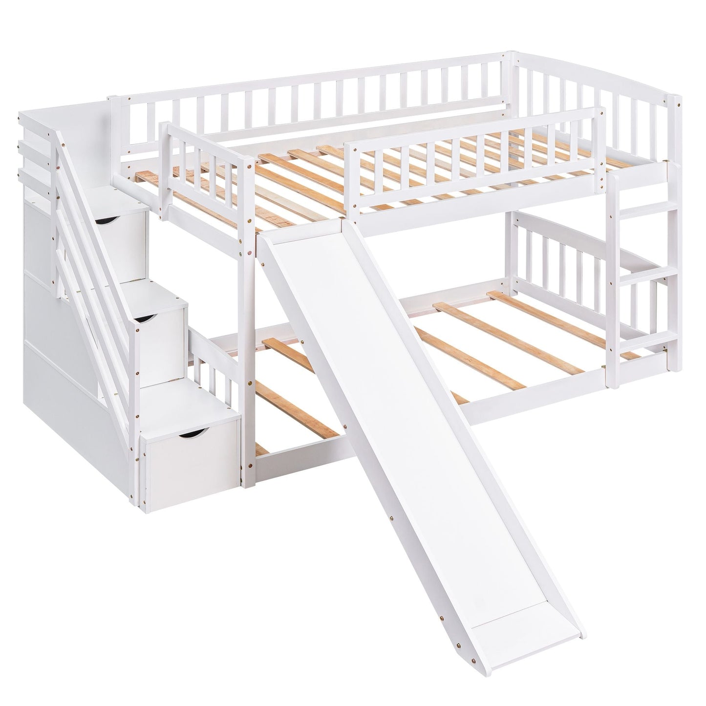 Stairway Twin over Twin Bunk Bed with Two Drawers and Slide,  White