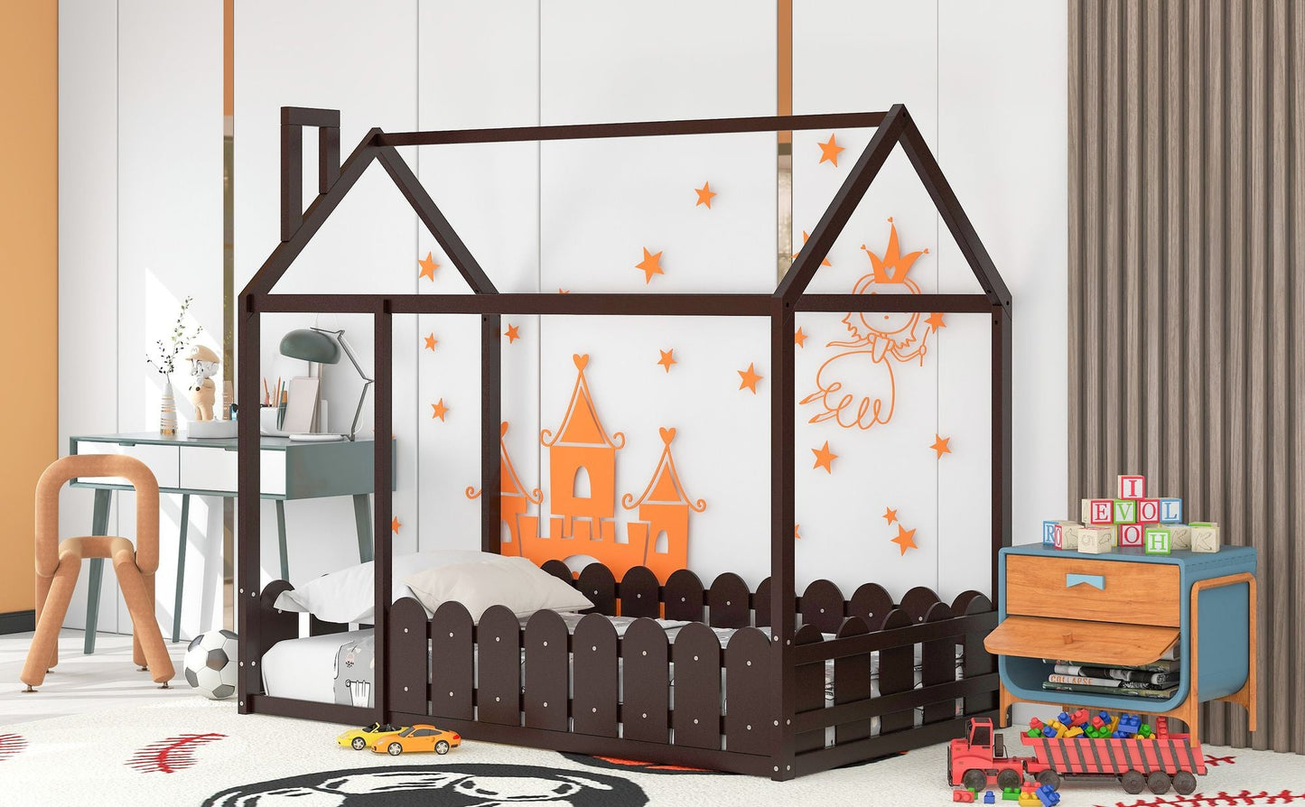 House-Style Twin Wood Bed Frame with Fence for Kids and Teens, Espresso, Gray, White | Just Better Bunk Beds