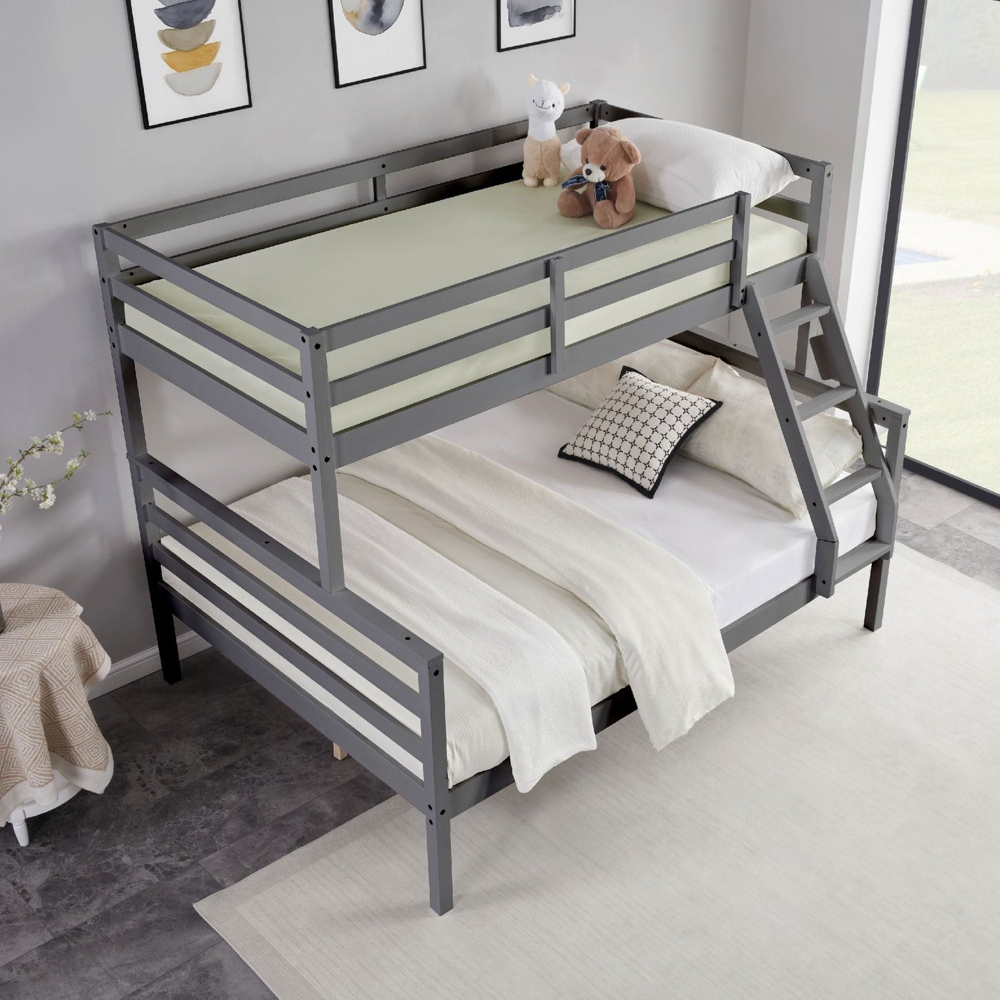 Shared Room Solution Twin Over Full Wood Bunk Bed, Gray with Ladder and High Guardrail | Just Better Bunk Beds