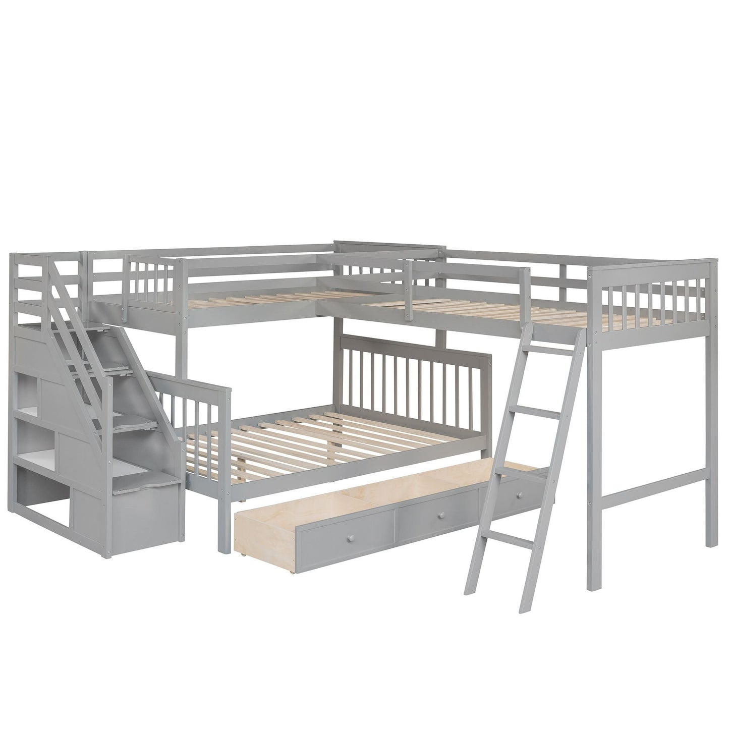 L-Shaped Twin Over Full Wood Bunk Bed with Drawers, Ladder and Staircase, Gray | Just Better Bunk Beds