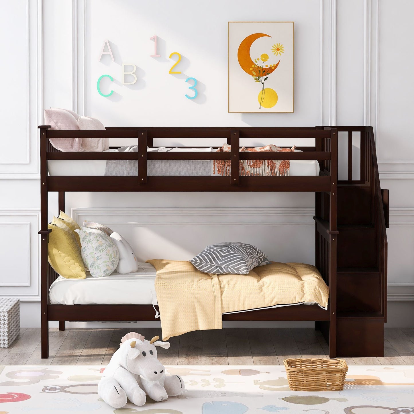 Staircase Storage Twin Over Twin Wood Bunk Bed, Espresso | Just Better Bunk Beds